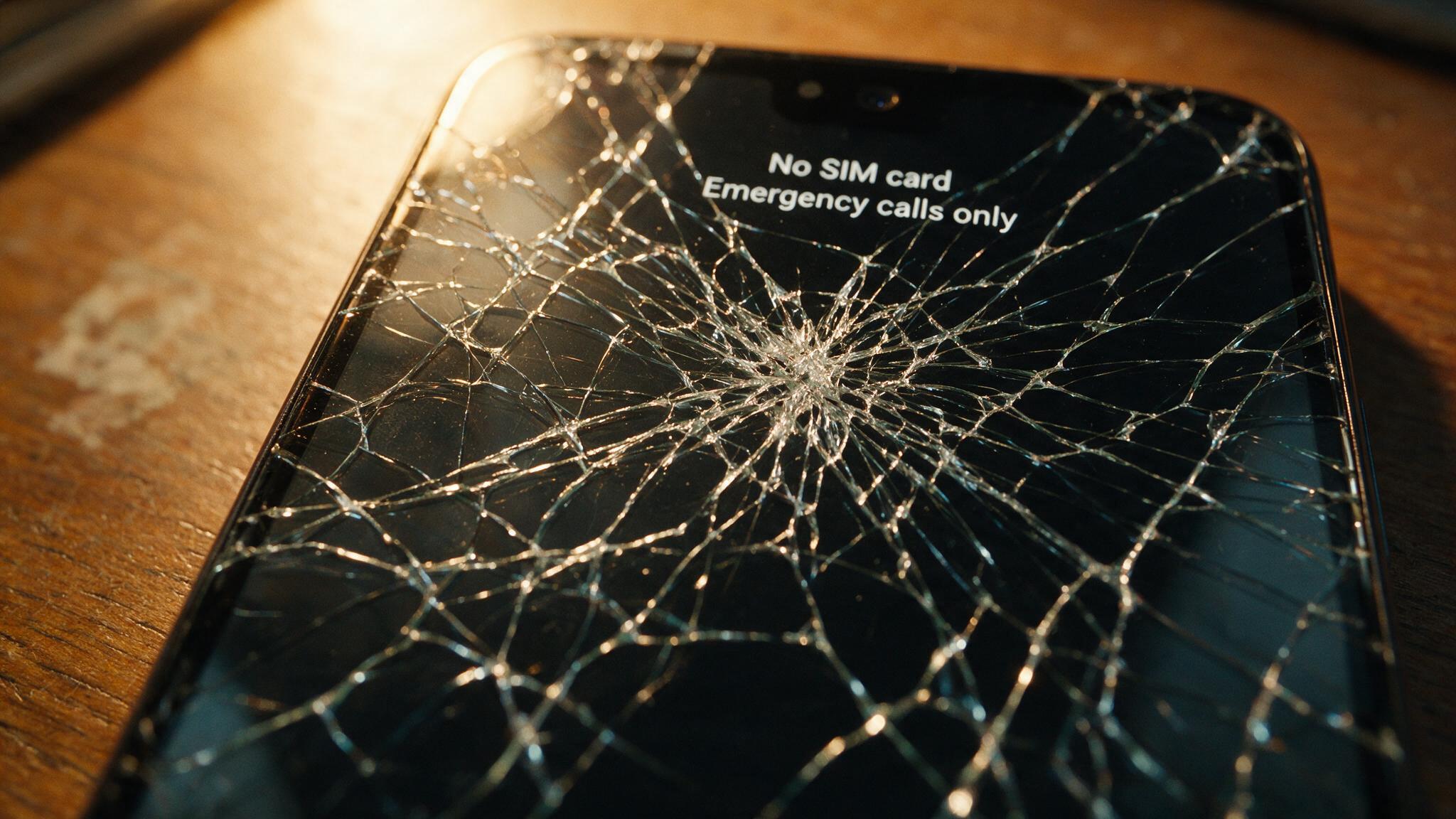 A close-up of a smartphone with a cracked screen being examined